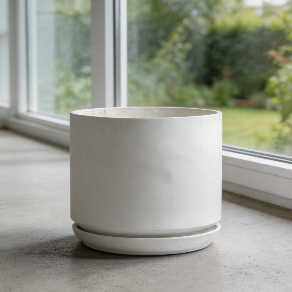 Matt White Tall Fibre Planter with Saucer - Image 2