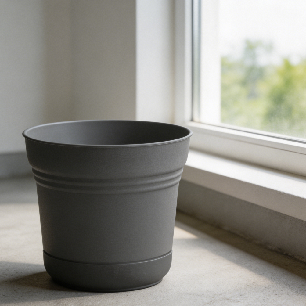 Charcoal Matte Plastic Round Planter with Saucer - Image 2