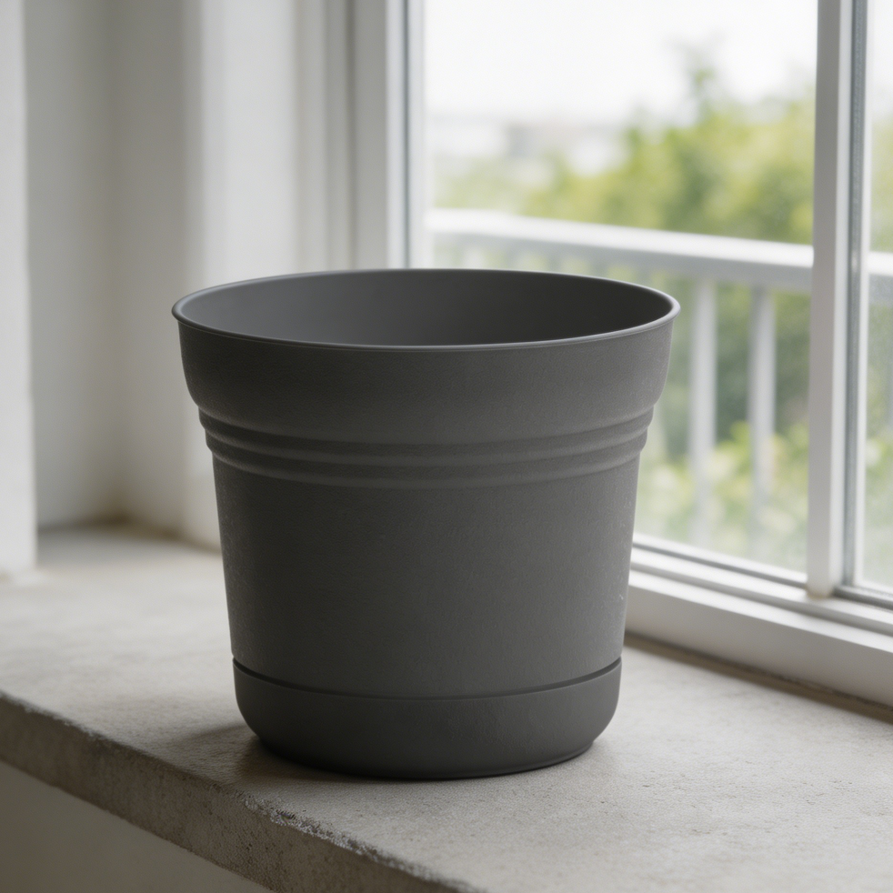 Charcoal Matte Plastic Round Planter with Saucer