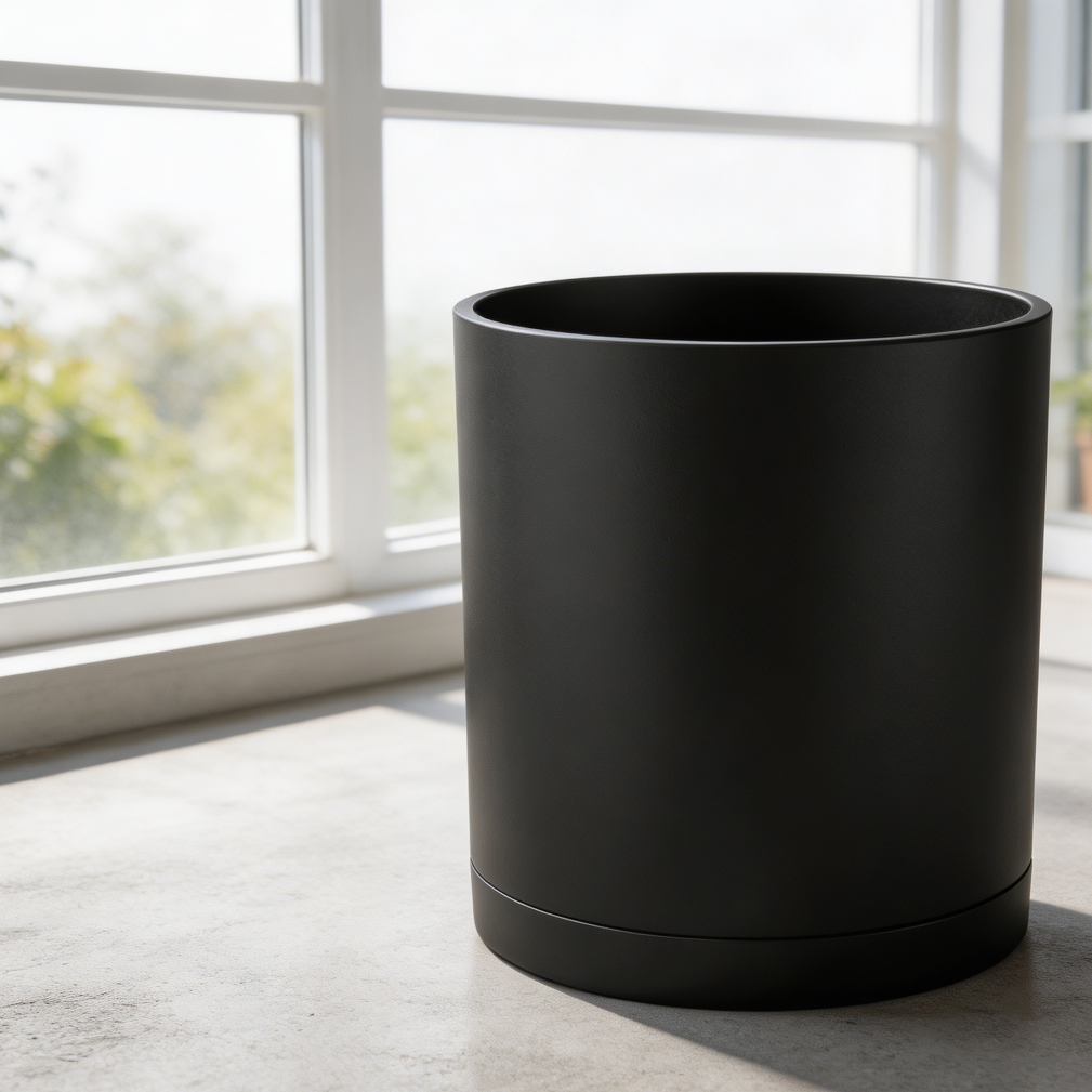 Matte Black Plastic Cylinder Planter with Saucer - Image 2