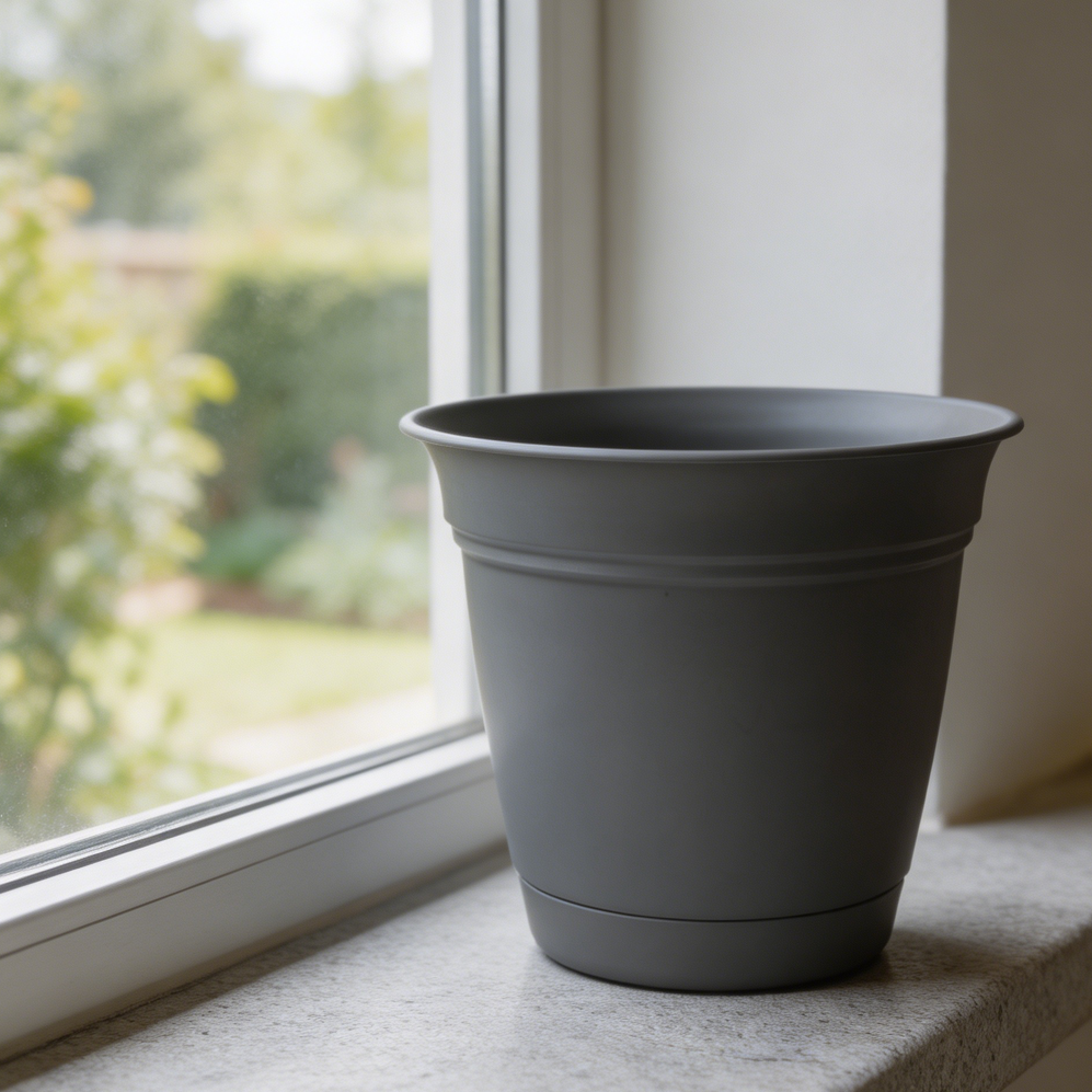 Warm Gray Plastic Round Planter with Saucer - Image 2