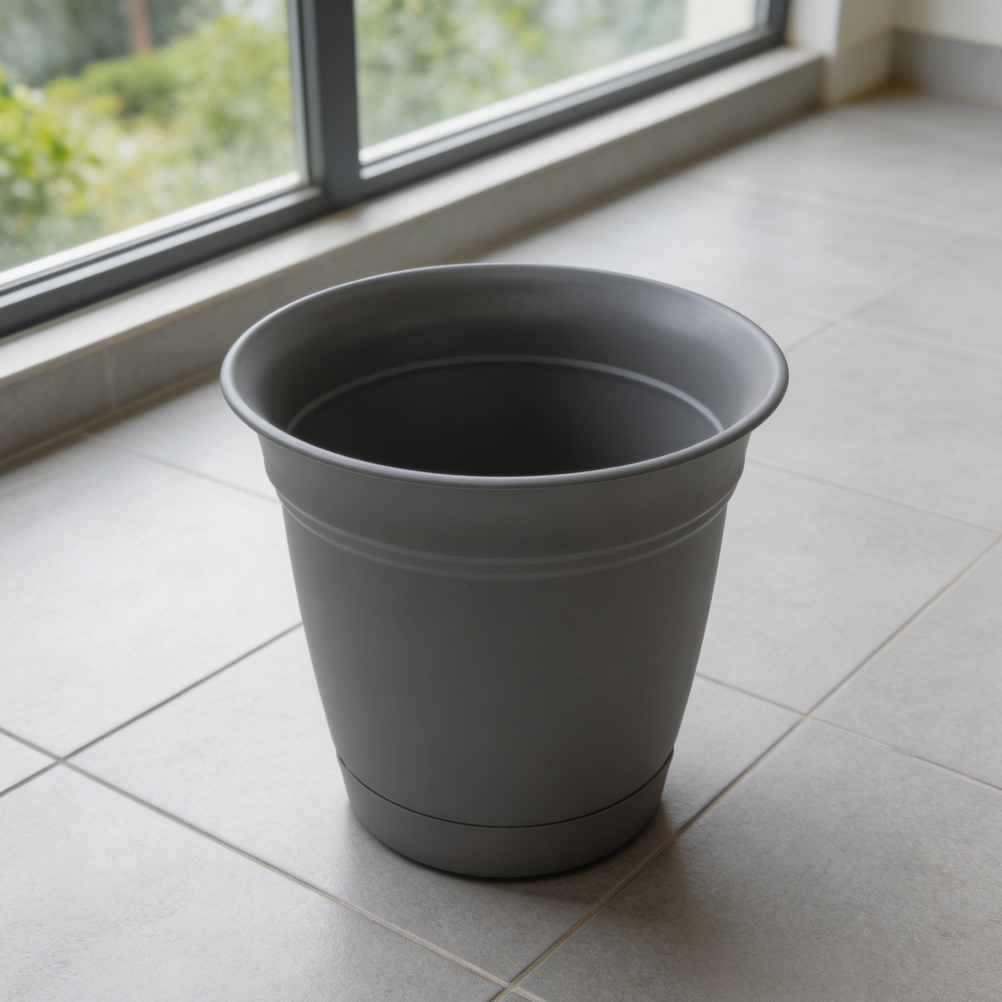Warm Gray Plastic Round Planter with Saucer