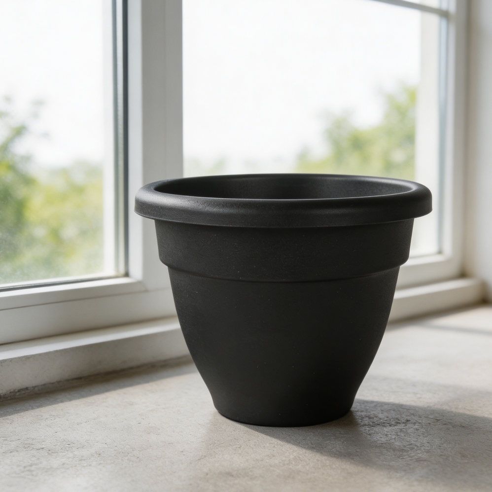 Black Plastic Round Planter with Drainage & Plug