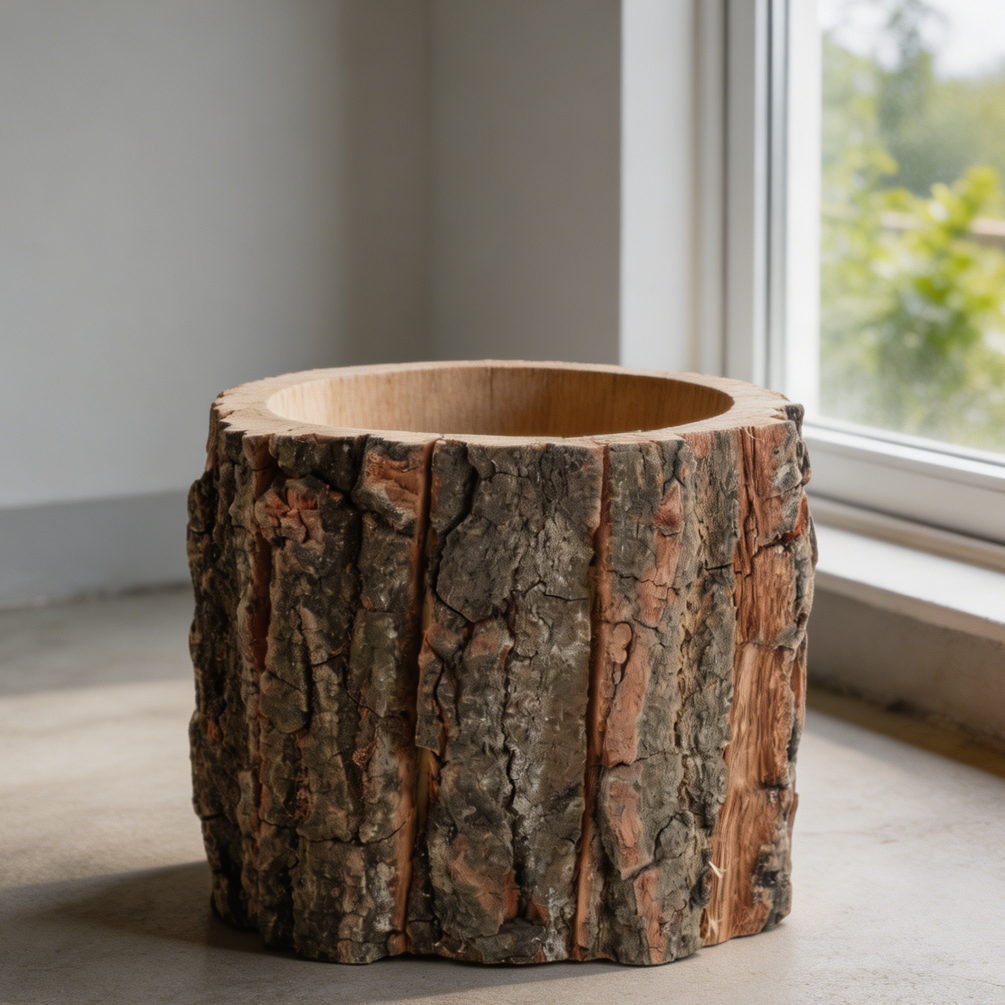 3-Pack Rustic Bark Design Wood-Look Planter