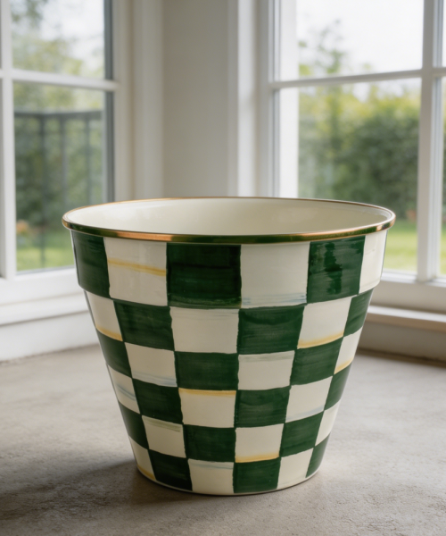Extra Large Green-White Emerald Check Enamel Pot