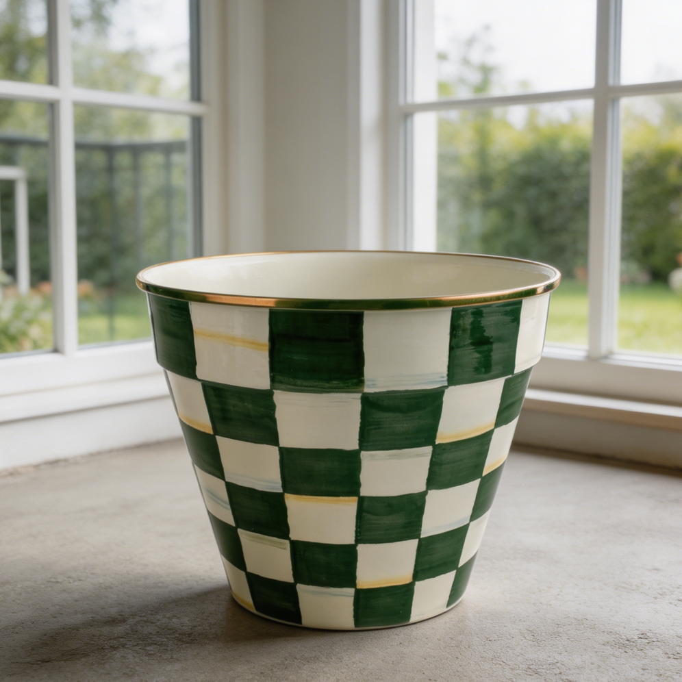 Extra Large Green-White Emerald Check Enamel Pot