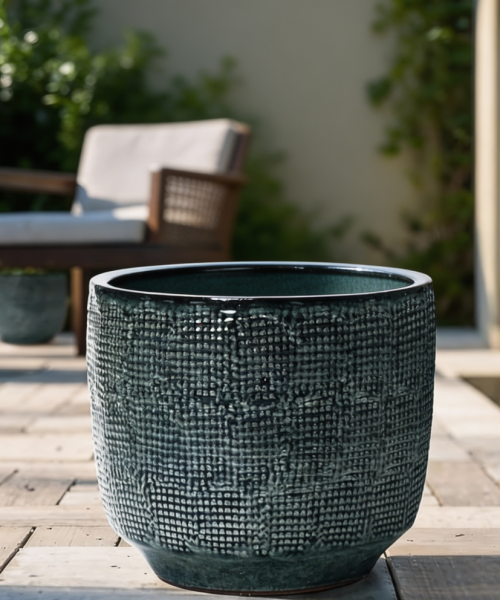 Green Glazed Ceramic Round Planter with Drainage