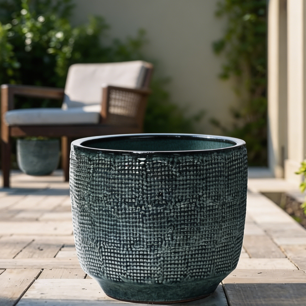 Green Glazed Ceramic Round Planter with Drainage