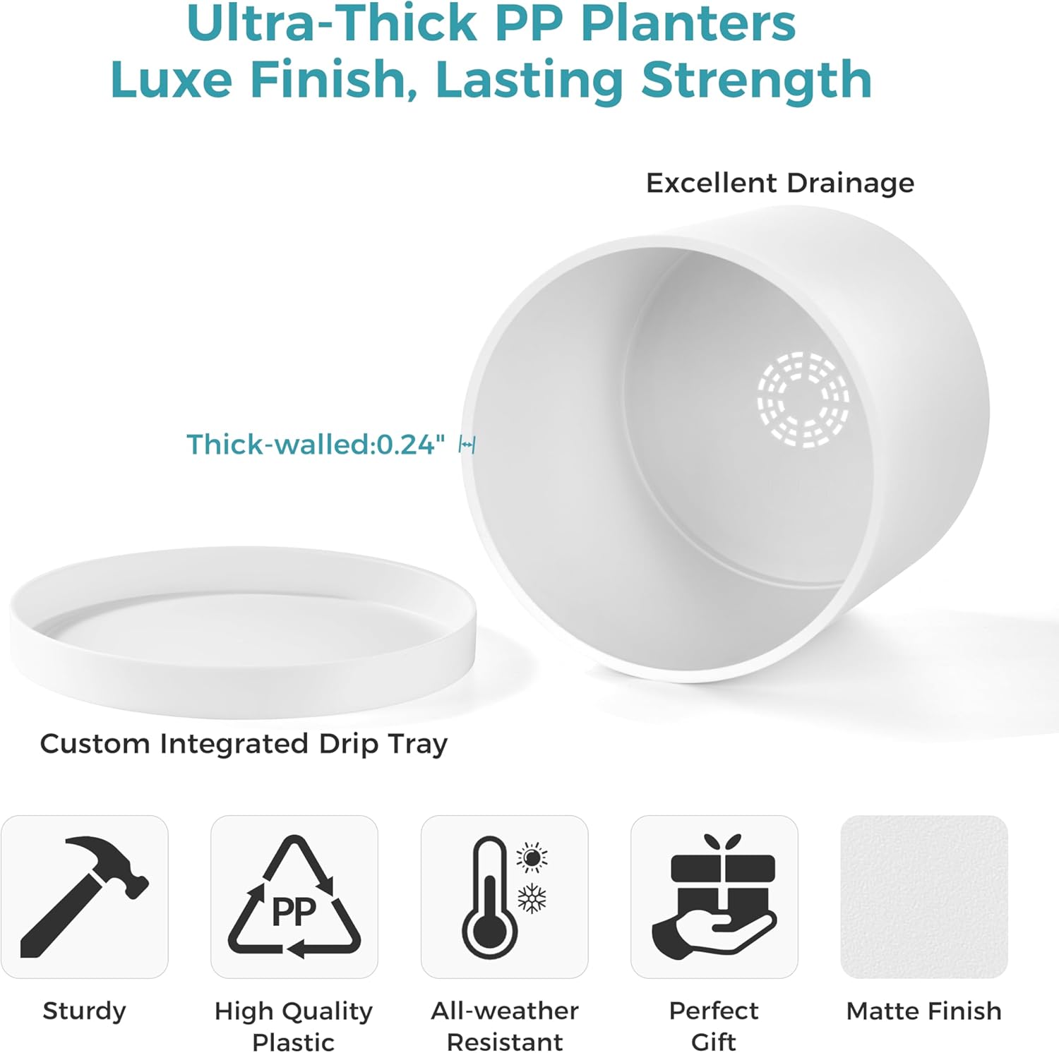 Matte White Plastic Cylinder Planter with Saucer - Image 2