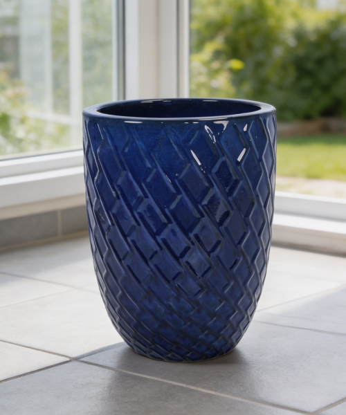 Dark Blue Diamond Textured Ceramic Planter