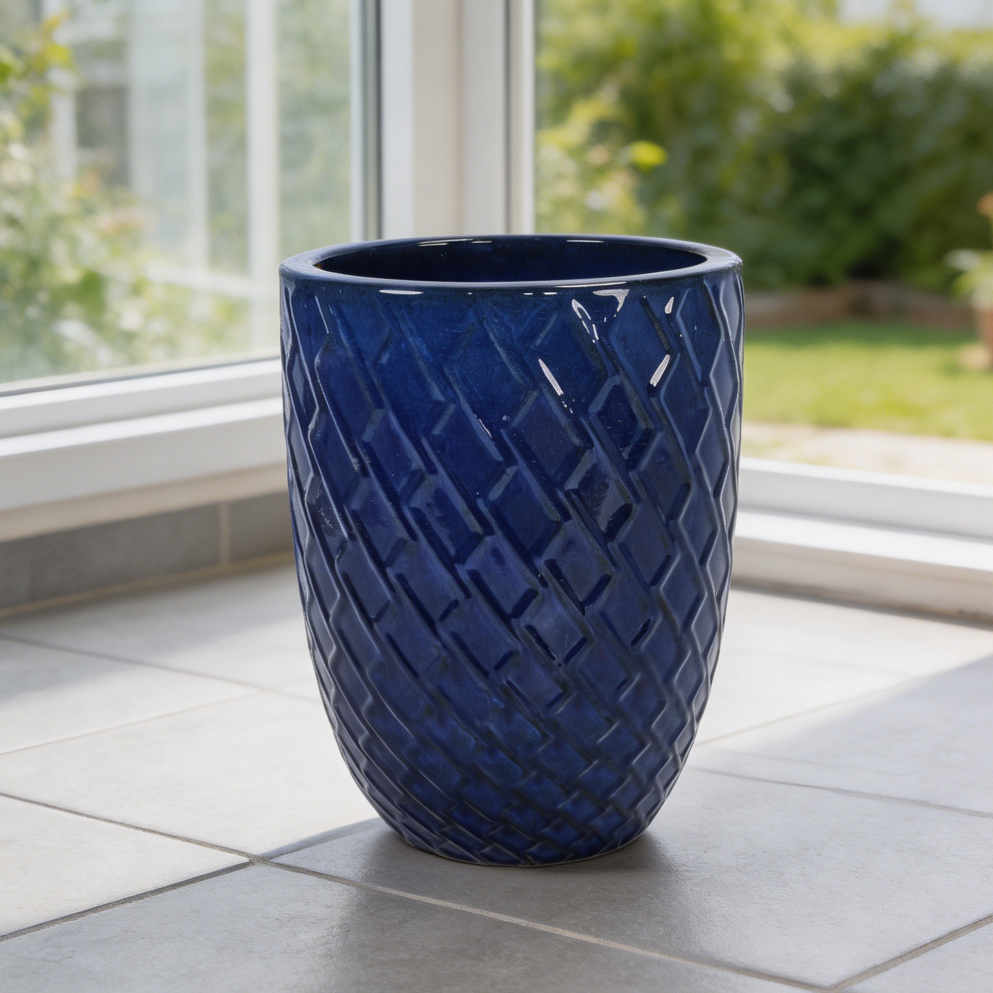 Dark Blue Diamond Textured Ceramic Planter