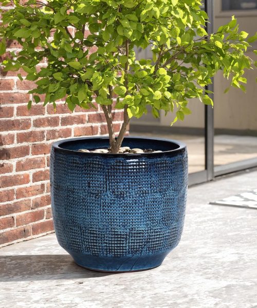 Blue Glazed Ceramic Round Planter with Drainage